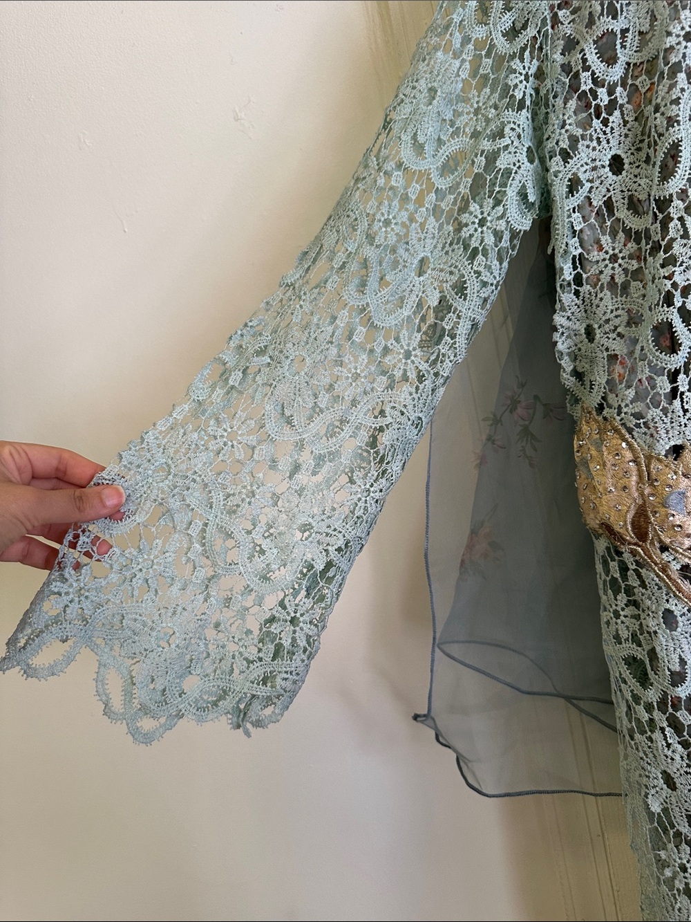 Embroidered Mint Green Lace Overlay Dress - Picture 6 of 14